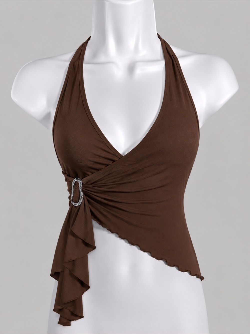 Brown Halter Wrap Tank with Side Ruffle
